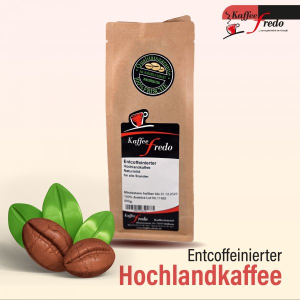 Entcoffeinierter Hochlandkaffee Grob gemahlen für Pressstempelkannen oder Kocher 250g.